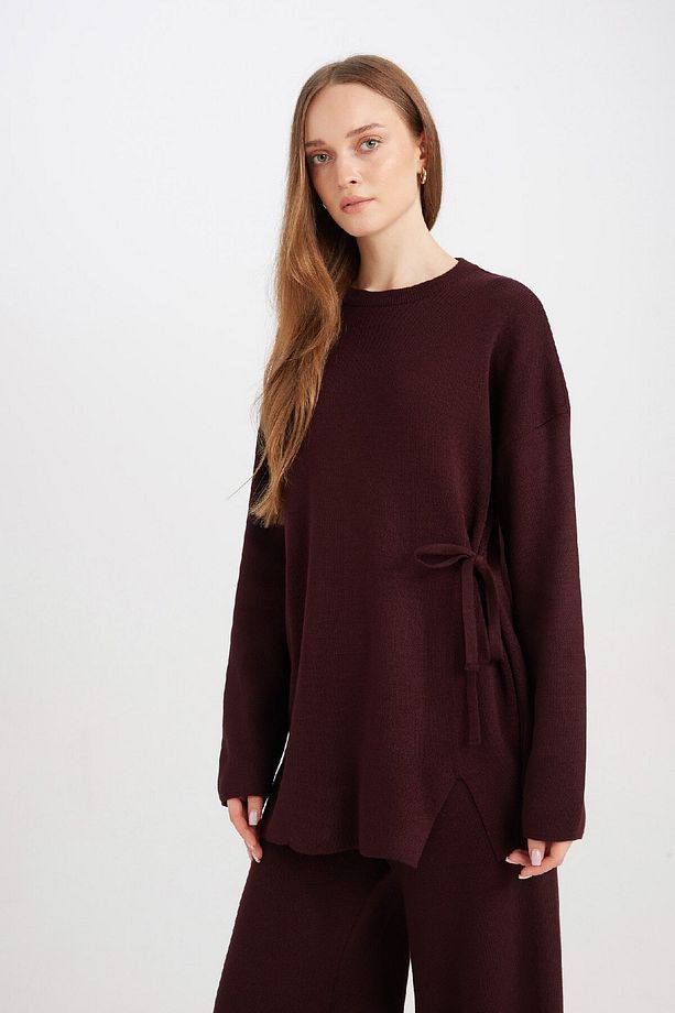 Regular Fit Bisiklet Yaka Bağlamalı Basic Düz Triko Kazak Tunik D7508ax24wn - 3