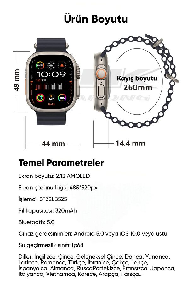 HK 10 Ultra 49mm Akıllı Saat – Watch 9 Ultra 2 Serisi, Amoled Ekran Redmi Note13 Pro Plus Uyumlu - 9