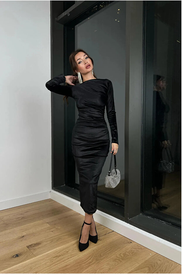 Women's Long-Sleeve Draped Detail Malenkov Velvet Dress