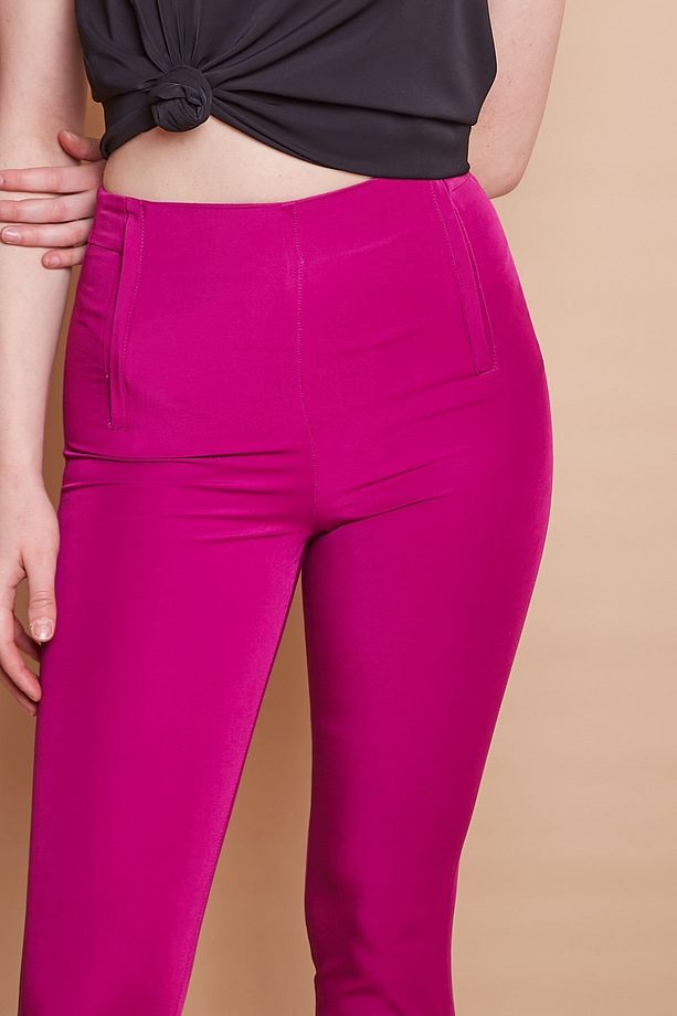 Yüksek Bel Önü Arkası Flatolu Dar Paça Likralı Kumaş Ofis Pantolon-magenta - 4