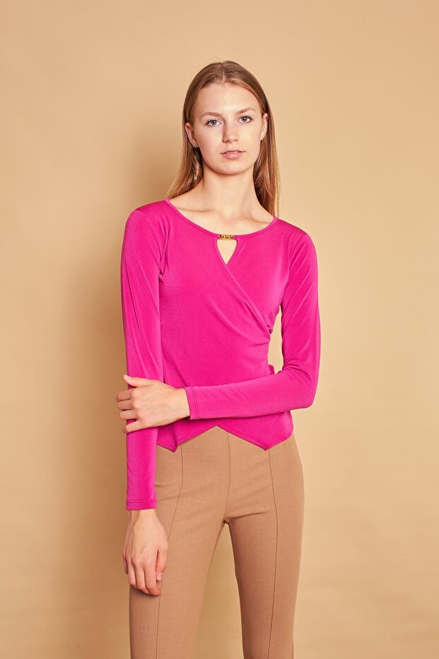 Lycra Crepe Fabric Wrap Double Breasted Front Gathered Shoulder Long Sleeve Blouse Body-Magenta