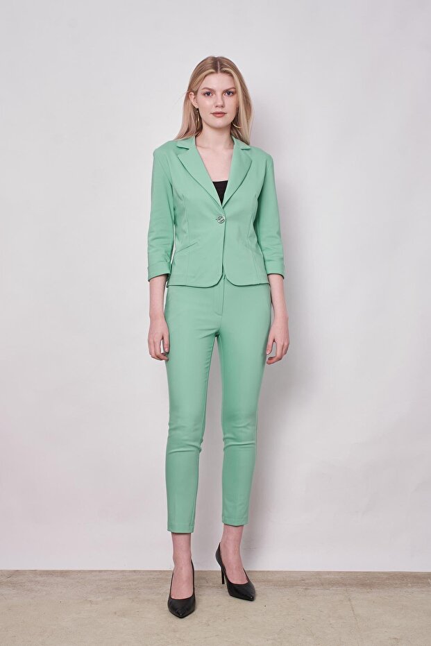 High Waist Thick Belted Pockets Narrow Leg Ankle Length Cotton Stretch Fabric Fabric Trousers -Mint