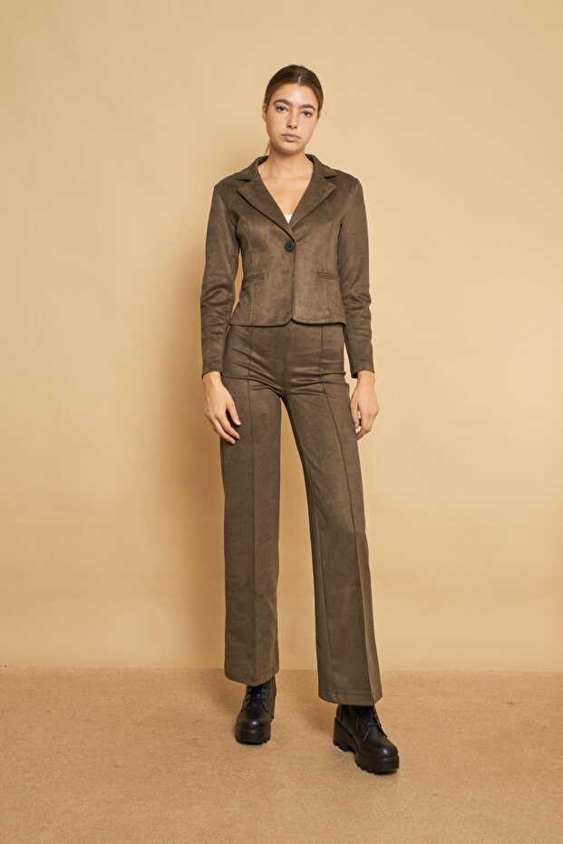 Palazzo High Waist Front Stitched Wide Leg Light Lycra Suede Fabric Trousers - Khaki
