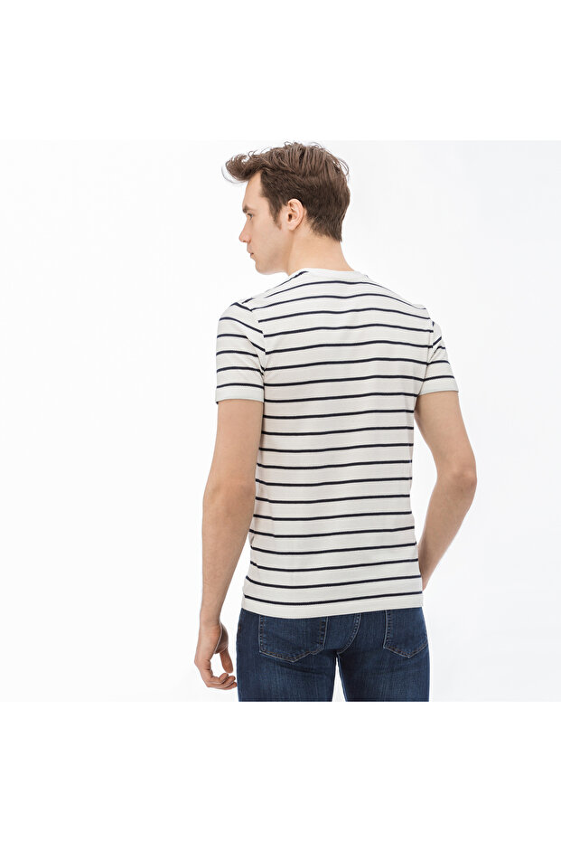 Erkek Slim Fit Bisiklet Yaka Çizgili Beyaz T-Shirt - 2