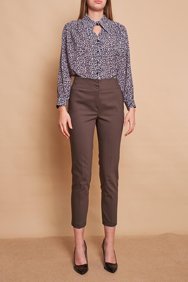 High Waist Thick Belted Pockets Narrow Leg Ankle Length Cotton Stretch Fabric Fabric Trousers-Dark Khaki