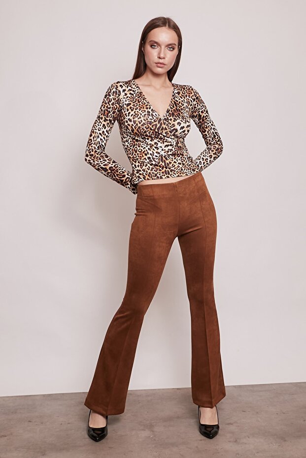 Suede Stretch Fabric Fabric High Waist Front and Back Stitched Isanyol Leggings Trousers-Tan