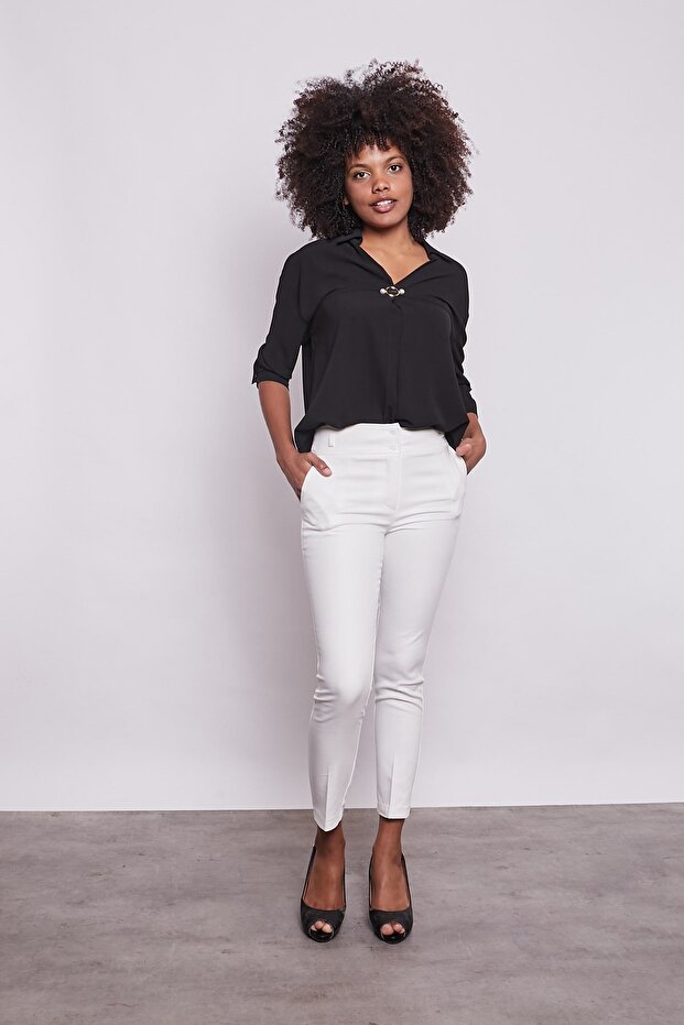 High Waist Thick Belted Pockets Narrow Leg Ankle Length Cotton Stretch Fabric Fabric Trousers-Cream