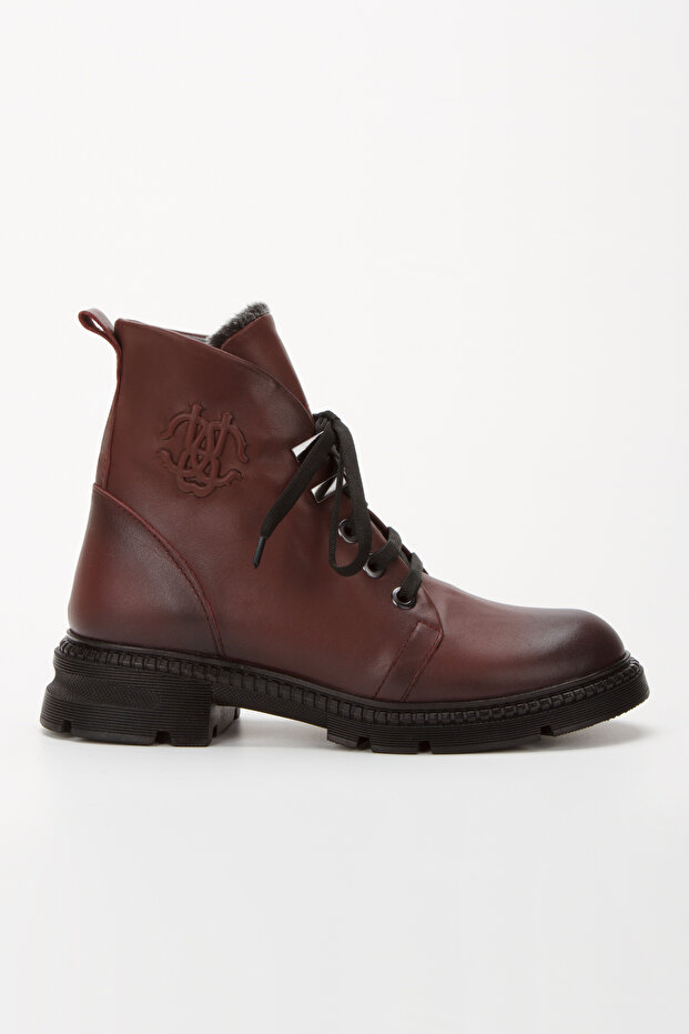 Genuine Leather Low Heel Fur Lined Burgundy Women's Boots