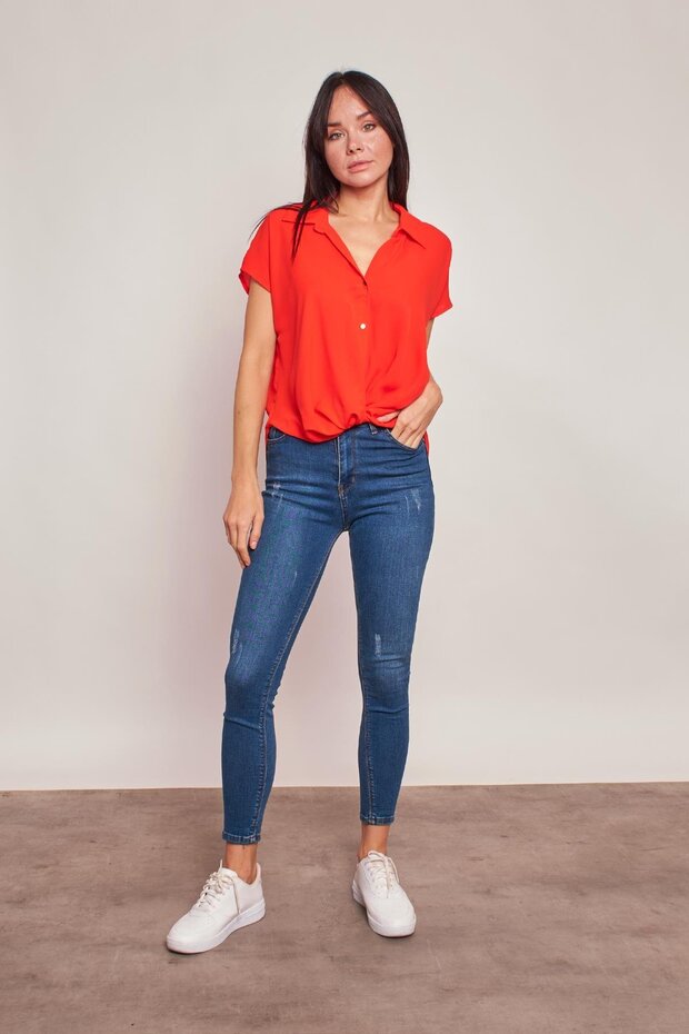 Lycra-Free Stylish Fabric Collar Off-Shoulder Pleated Front Shirt-Orange