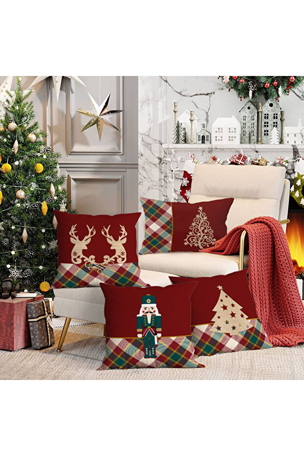 4-Piece New Year's Themed Velvet Throw Pillow Cover 43X43 cm - Decorative Pillowcase