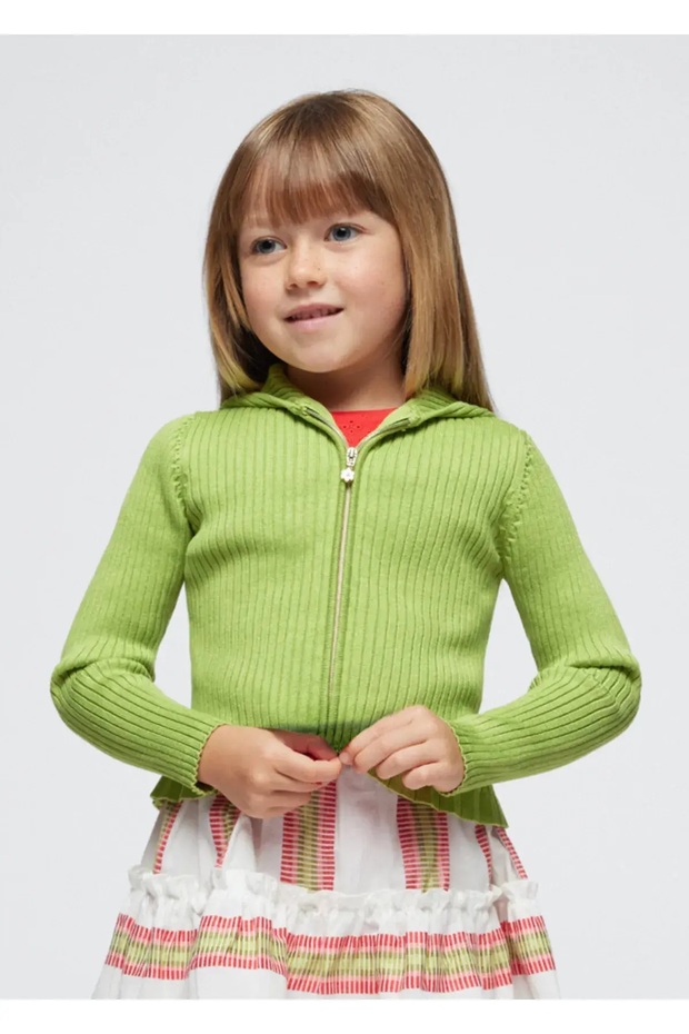 Girl's Hooded Zippered Knitwear Cardigan 3355