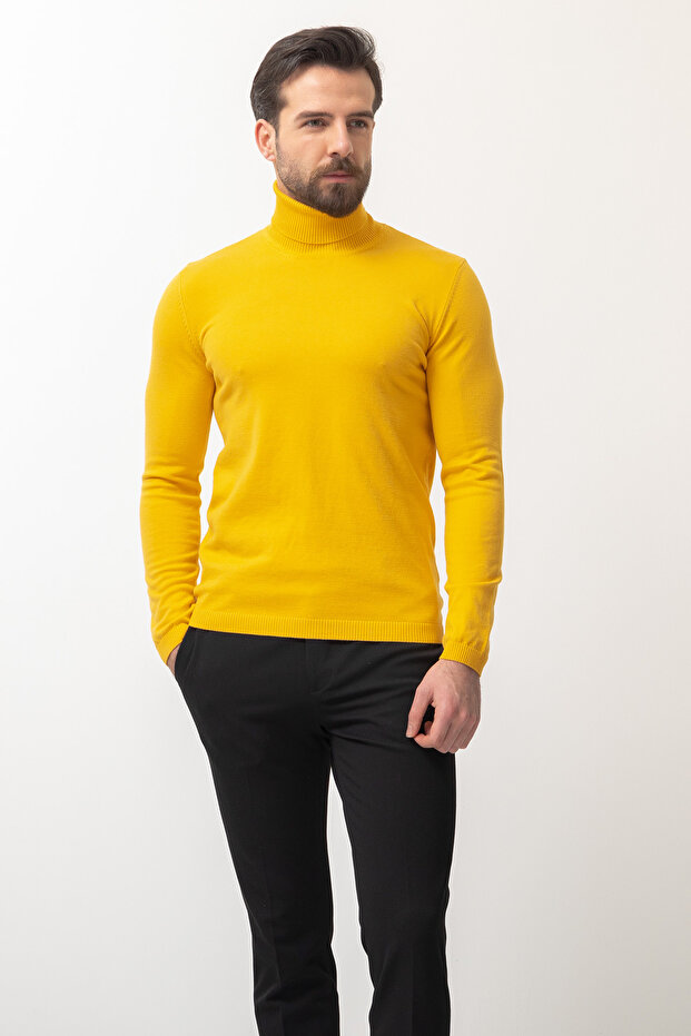 Plain Slim Fit Full Turtleneck Wool Men's Knitwear Sweater Yellow - 11102.17K