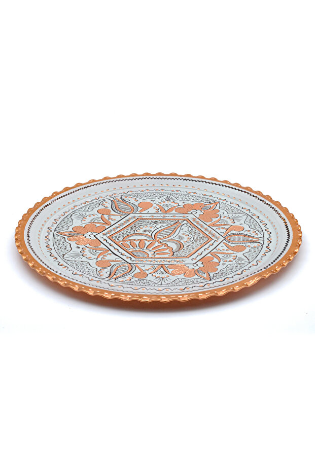 Round Embroidered Copper Serving Tray 29 cm