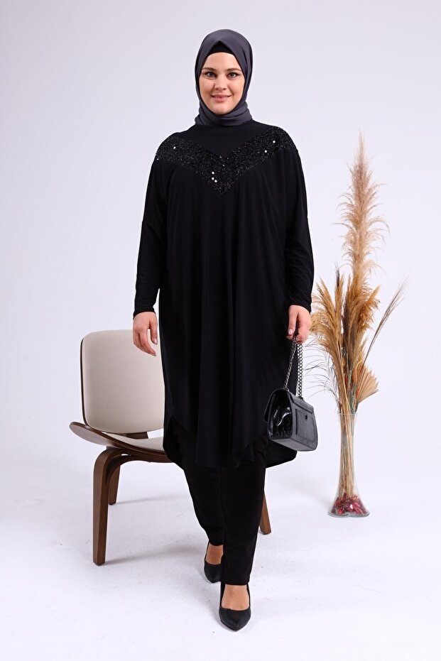 Long Sleeve Large Size Women's Sequin Hijab Tunik Black