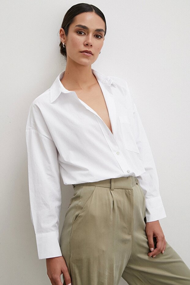 Tek Cepli Oversize Gömlek Beyaz - 1