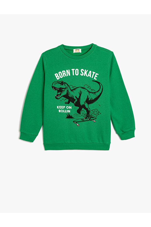 Dinosaur print crew neck long sleeve fleece sweatshirt