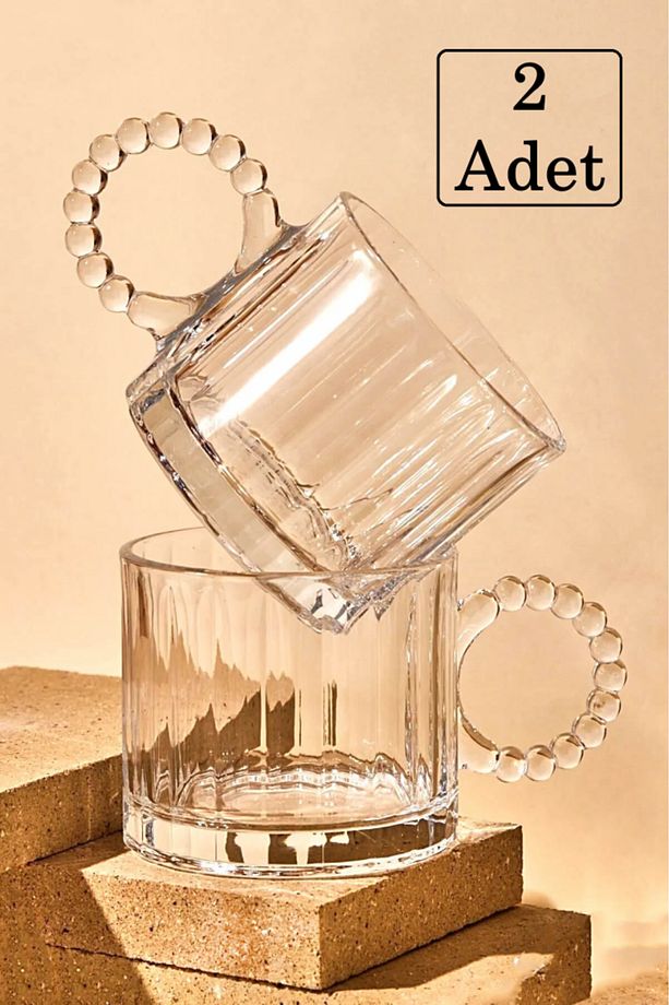 2 Adet Cam Boncuk Kulplu Bardak Kupa Çay Kahve Meşrubat Bardağı 250ml - 1