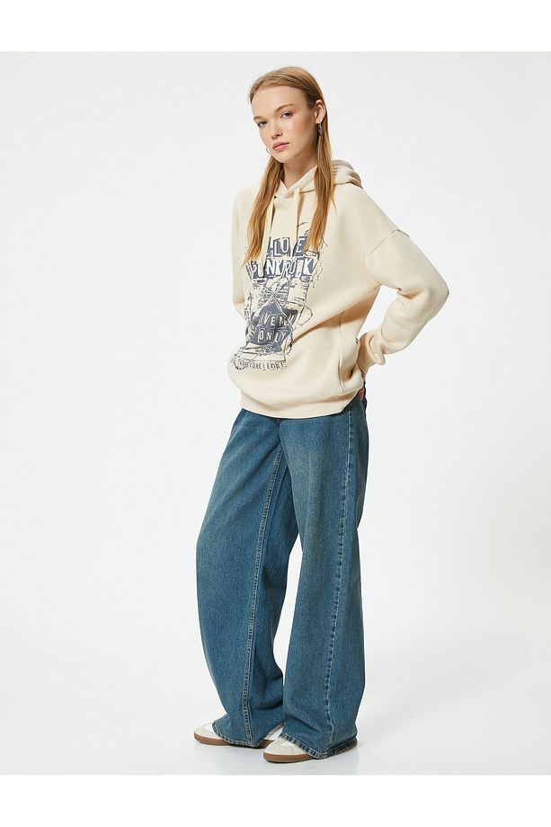 Şardonlu Oversize Kapüşonlu Sweatshirt Slogan Baskılı Uzun Kollu - 2