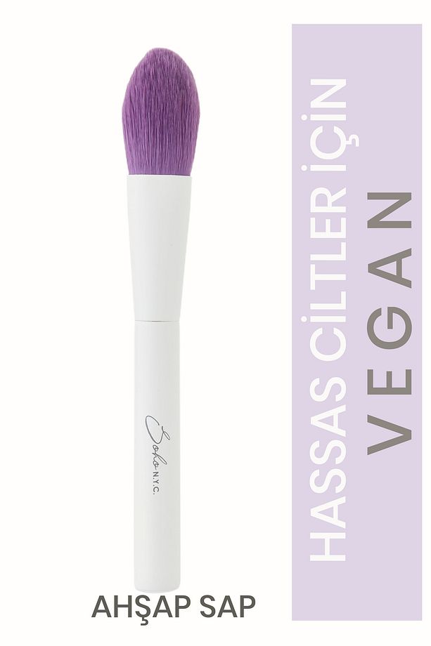 Vegan Düz Allık Makyaj Fırçası-v705- Ahşap Sap 15cm - 1