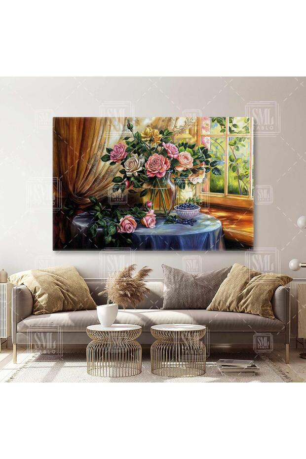 Pencere Önünde Vazodaki Güller Vazo Saksı Yaban Mersini Çiçek Gül Yatay Kanvas Tablo - 1