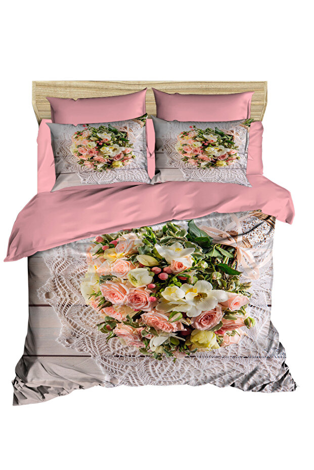 3D Double Bed Linen Set with Flower Bunch Embroidery