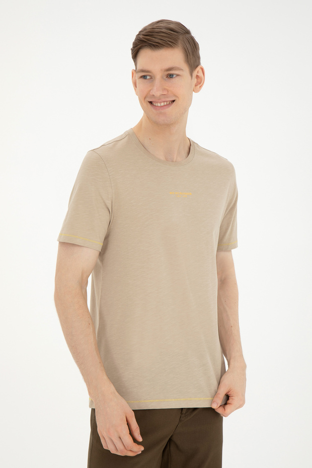 Men's Regular Fit Crew Neck Light Khaki T-Shirt 50281052-Vr183