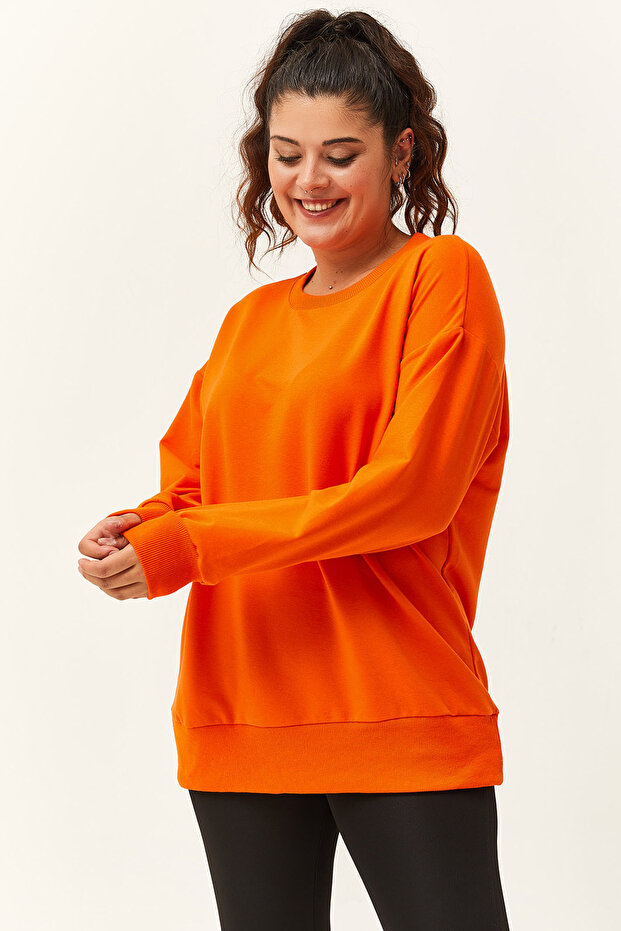 Kadın Büyük Beden Basic Turuncu Sweatshirt - 2