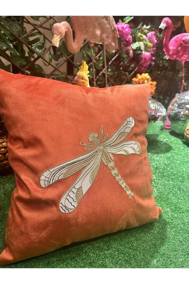 Față de pernă ecru cu broderie de libelule - 1