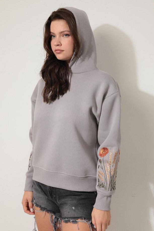 Gri Kolları Başak Nakışlı Kapüşonlu Sweatshirt - 2428 - 4