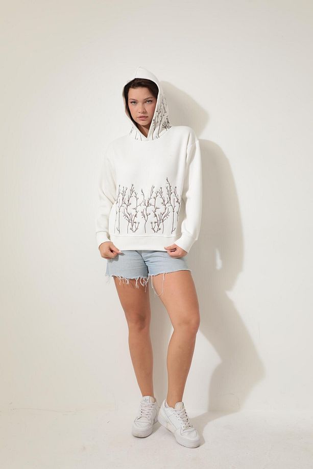 Ekru Önü ve Kapüşonu Dal Nakışlı Kapüşonlu Sweatshirt - 2429 - 3