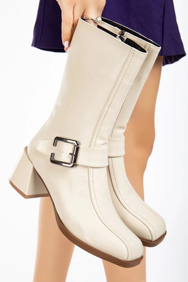 Women's Beige Buckle Detailed Blunt Toe Boots