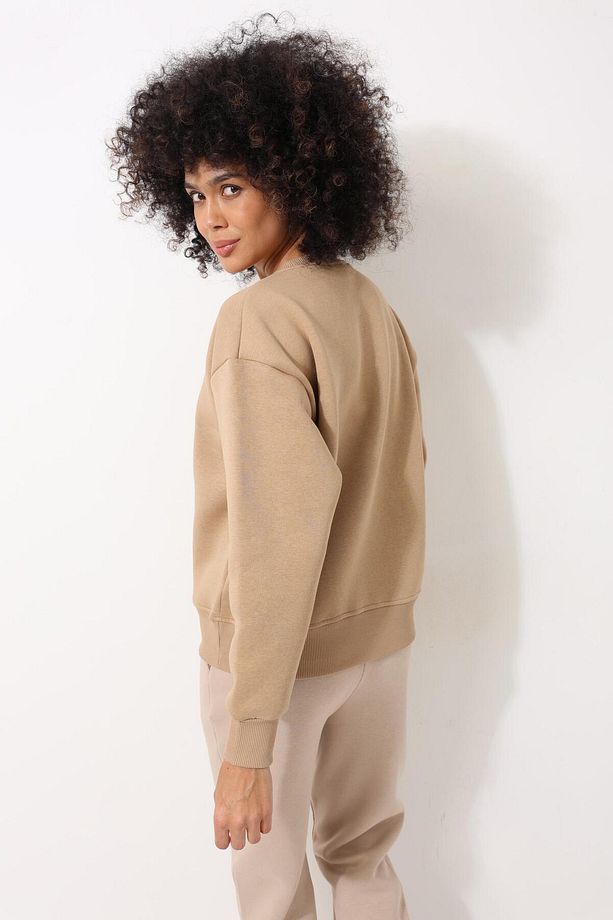 Kamel Önü Lotus Çiçeği Nakış İşlemeli Bisiklet Yaka Oversize Kadın Sweatshirt - 2447 - 5