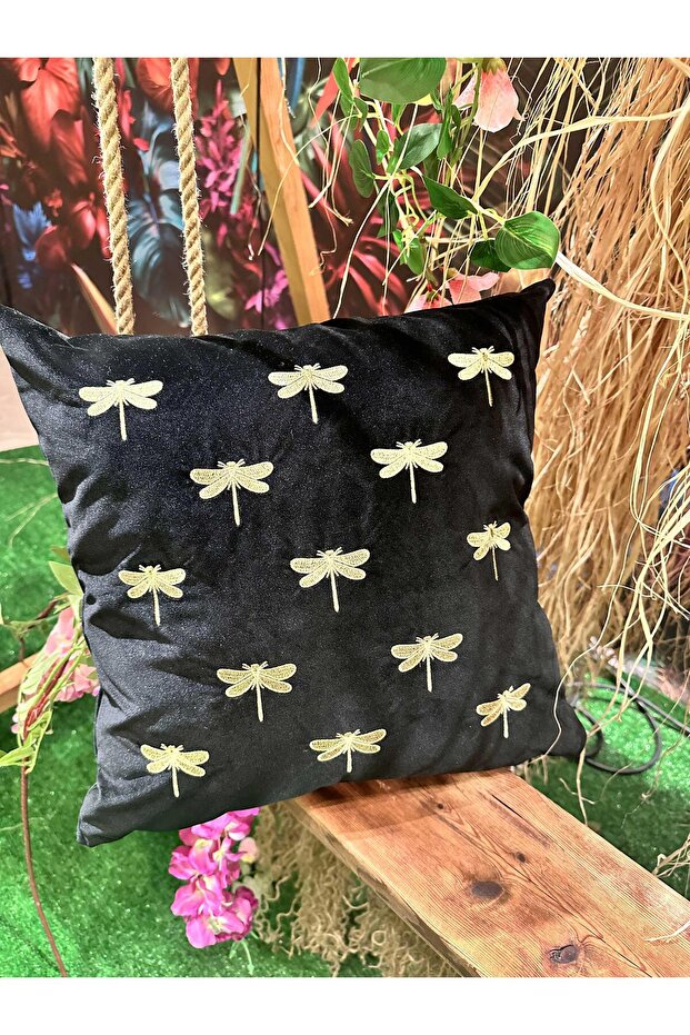 Husă de pernă brodată neagră - Libelula mică - Aurie - 1