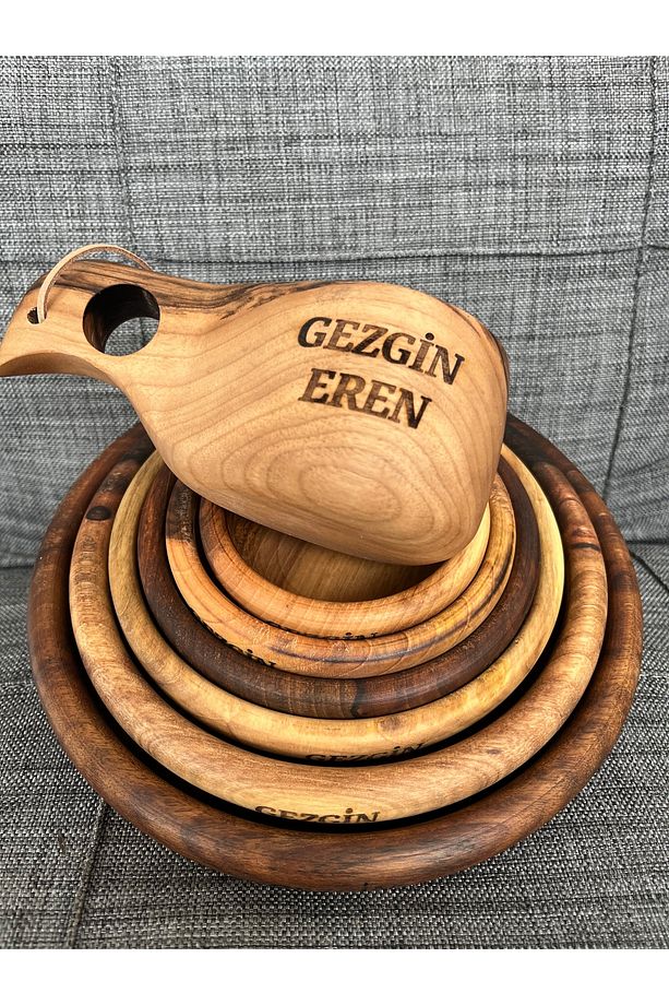 Kök Ceviz Tabak Ve Kuksa Bardak Set - 3