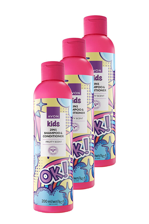 Kids Ok 2 in 1 Shampoo with Fruit Scent and Conditioner 200 Ml. Triple Set