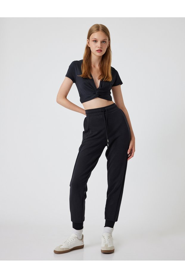 High Waist Stitching Detailed Lace up Waist Pocket Jogger Sweatpants