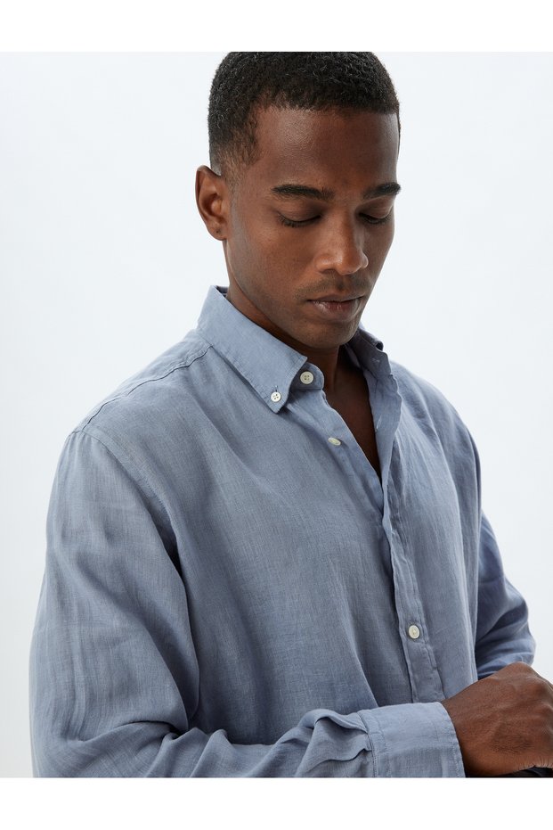 Linen Shirt Long Sleeve Buttoned Collar Detailed