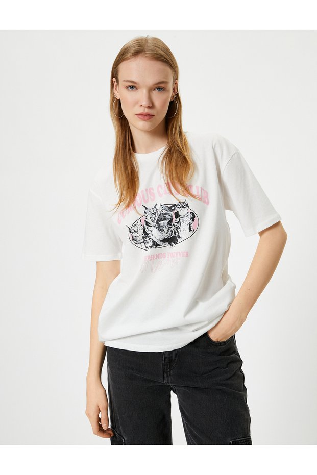 Relax Fit Cat Printed Crew Neck T-Shirt