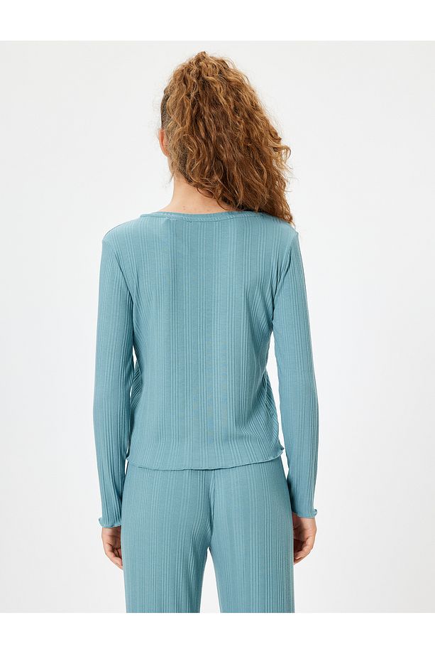 Modal Kumaş Pijama Üstü Uzun Kollu Bisiklet Yaka - 4