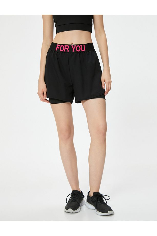 Slim Fit Slogan Baskılı Beli Lastikli Spor Şort - 3