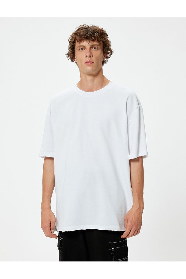 Kısa Kollu Bisiklet Yaka Pamuklu Oversize Tişört - 3