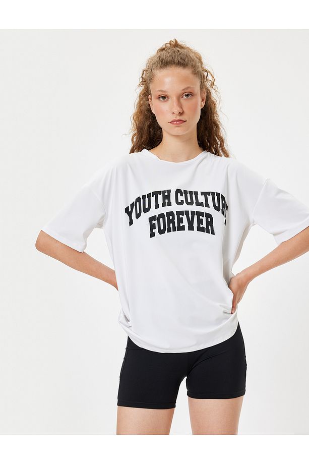 Oversize Spor Tişört Slogan Baskılı Bisiklet Yaka Kısa Kollu - 1