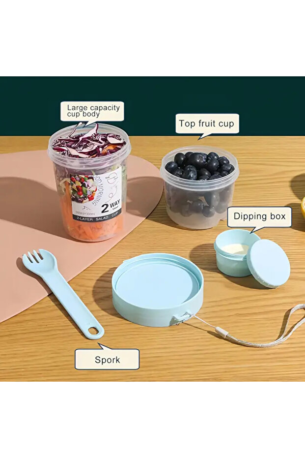 سلطة وحاوية خالية من مادة BPA مكونة من طبقتين - مع وعاء صلصة وحبل حمل ومجموعة ملعقة/شوكة - 8