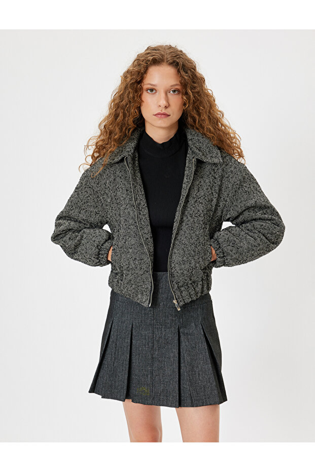 College Bomber Jacket Hooded Herringbone Patterned Zippered with Pockets