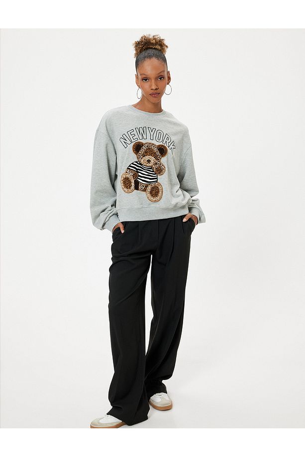 Bisiklet Yaka Sweatshirt Oversize Ayıcık İşlemeli Sloganlı Şardonlu - 1