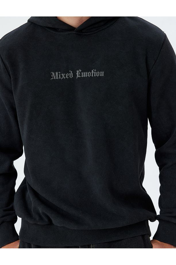 Kapşonlu Sweatshirt Slogan Işlemeli Basic Yıkamalı Pamuk Karışımlı - 5