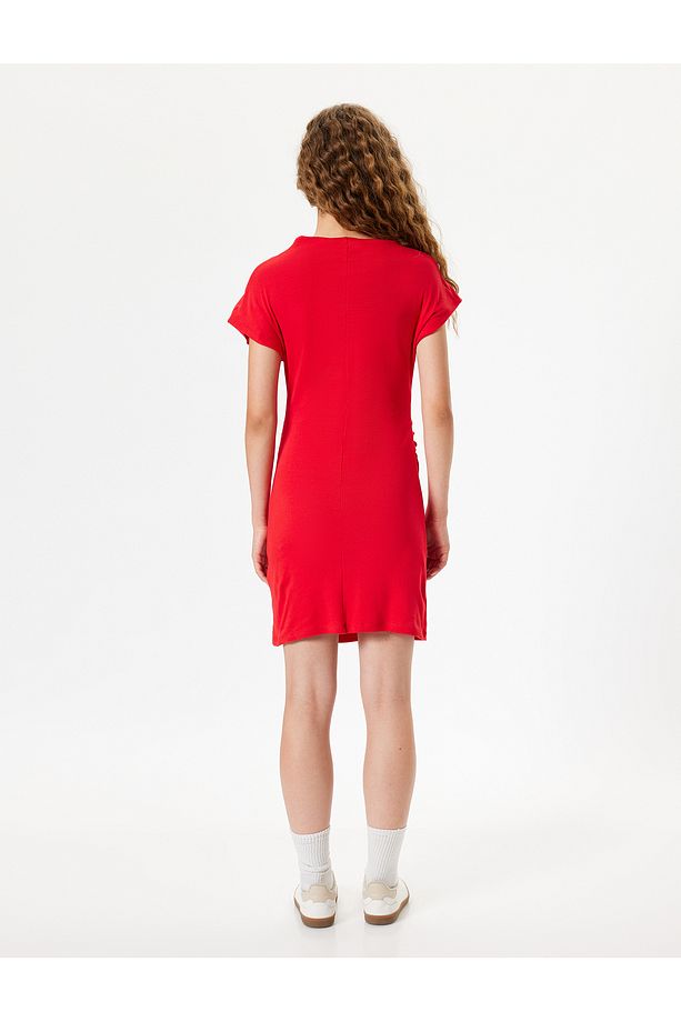 Mini Slip Elbise Kısa Kollu Kayık Yaka Drapeli - 4