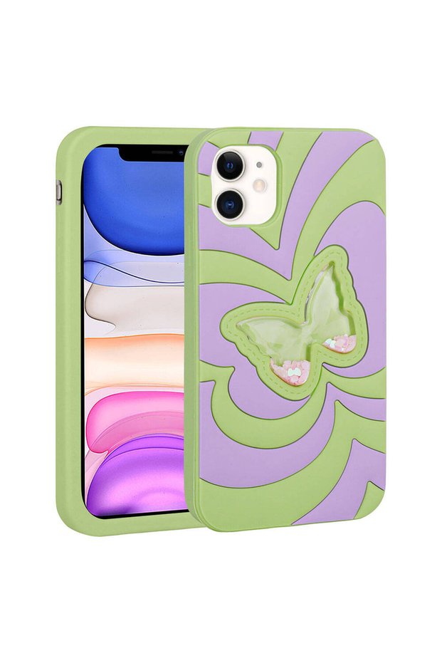 iPhone 11 Compatible Liquid Glitter Butterfly Design Zore Vodena Case-Green