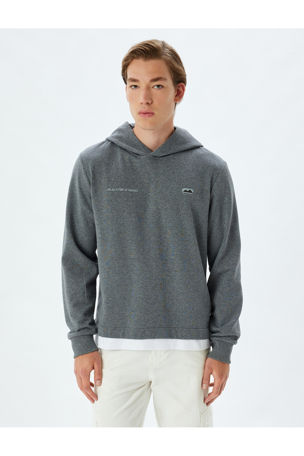 Slogan Işlemeli Yıkamalı Basic Pamuk Karışımlı Kapşonlu Sweatshirt - 3
