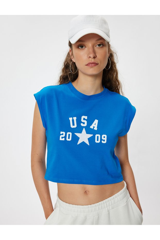 Crop Sleeveless T-Shirt Crew Neck Slogan Printed Slim Fit